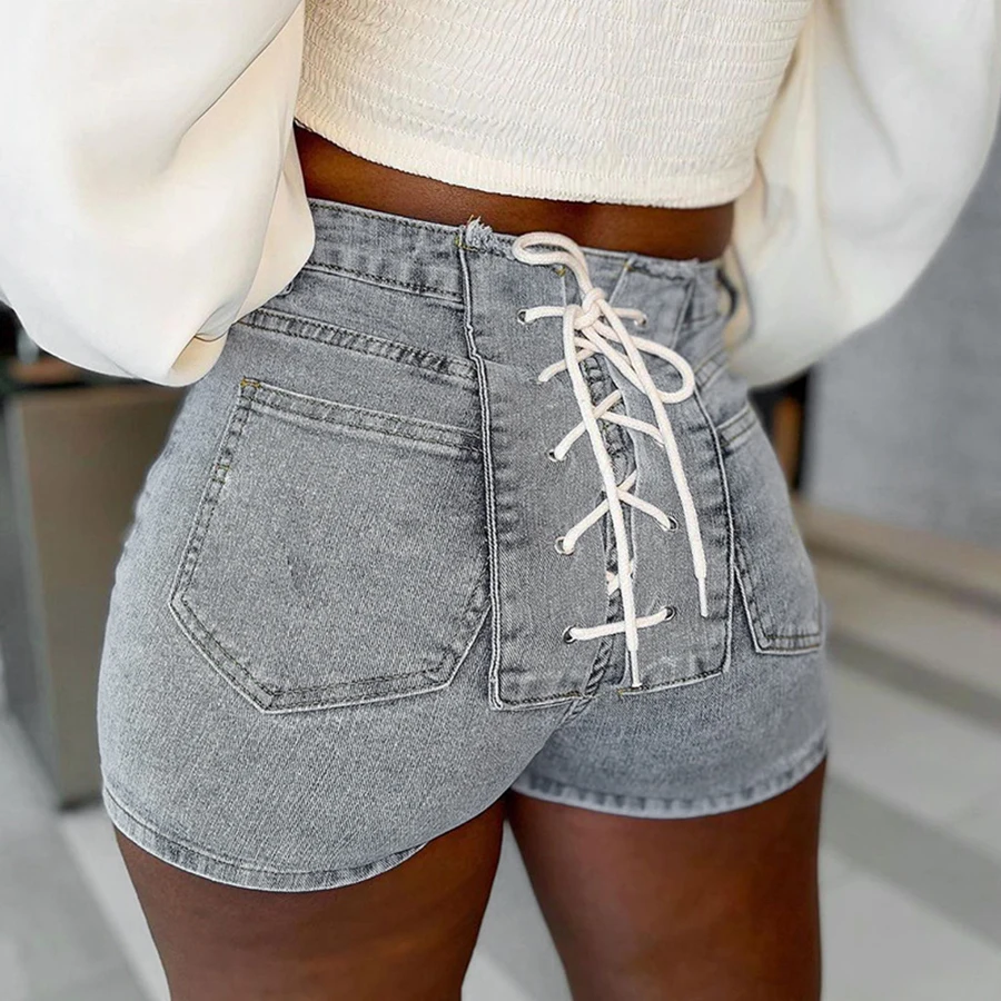 

Nibber W21P04478 Wholesale Custom Female Streetwear Casual Lace-up Sexy Skinny Solid Color Denim Hot Shorts Women's Short Jeans, Blue/black