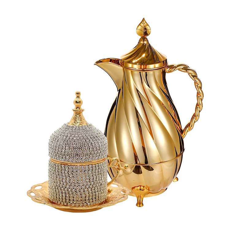 

Gold Dallah Arabic Coffee Pot Glass Inner 600ml 1000ml Luxury Coffee Tea Jug