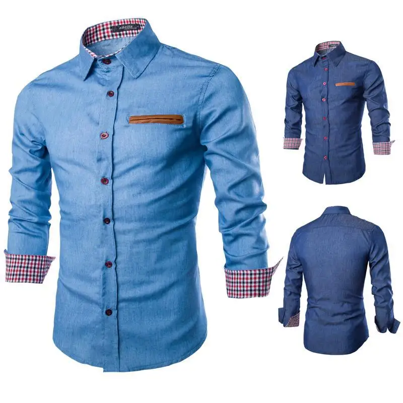 

New Designer Men's Casual Dress Shirt Button Down Shirts Long-Sleeve Denim Work Shirt