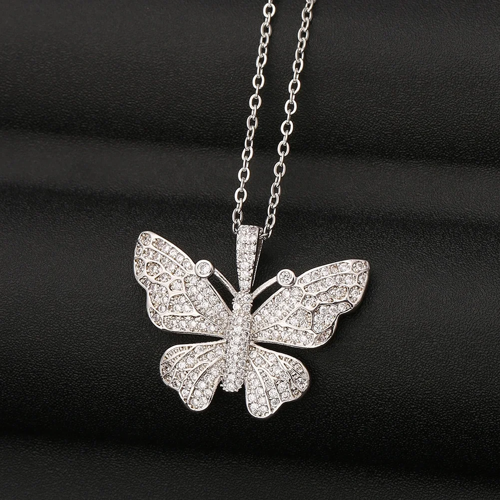 

Ladies Elegant Rose Gold Silver Plated CZ Necklace Butterfly Pendant Charm Necklace Wholesale Gold Jewelry, Picture shows