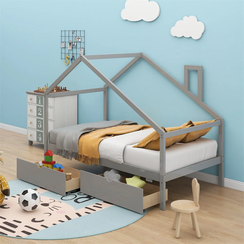 

Free Shipping USA Two Pull-out Drawers House Bed Frame Kids Daybed Montessori Floor Bed, Espresso