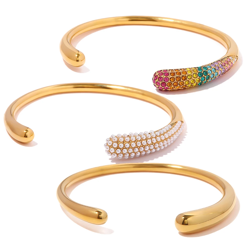 

New Arrival 18K Gold Plated Mini Pearl Bracelets Stainless Steel Pave Colorful Zircon Cuff Bangle