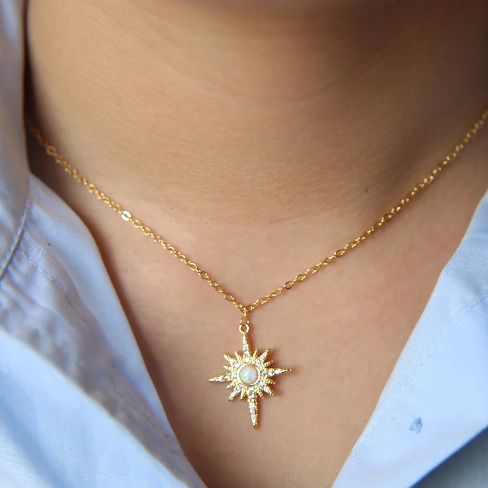 

2020 NEW ARRIVE top quality micro pave cz opal stone delicate minimal star pendant north star gold necklace
