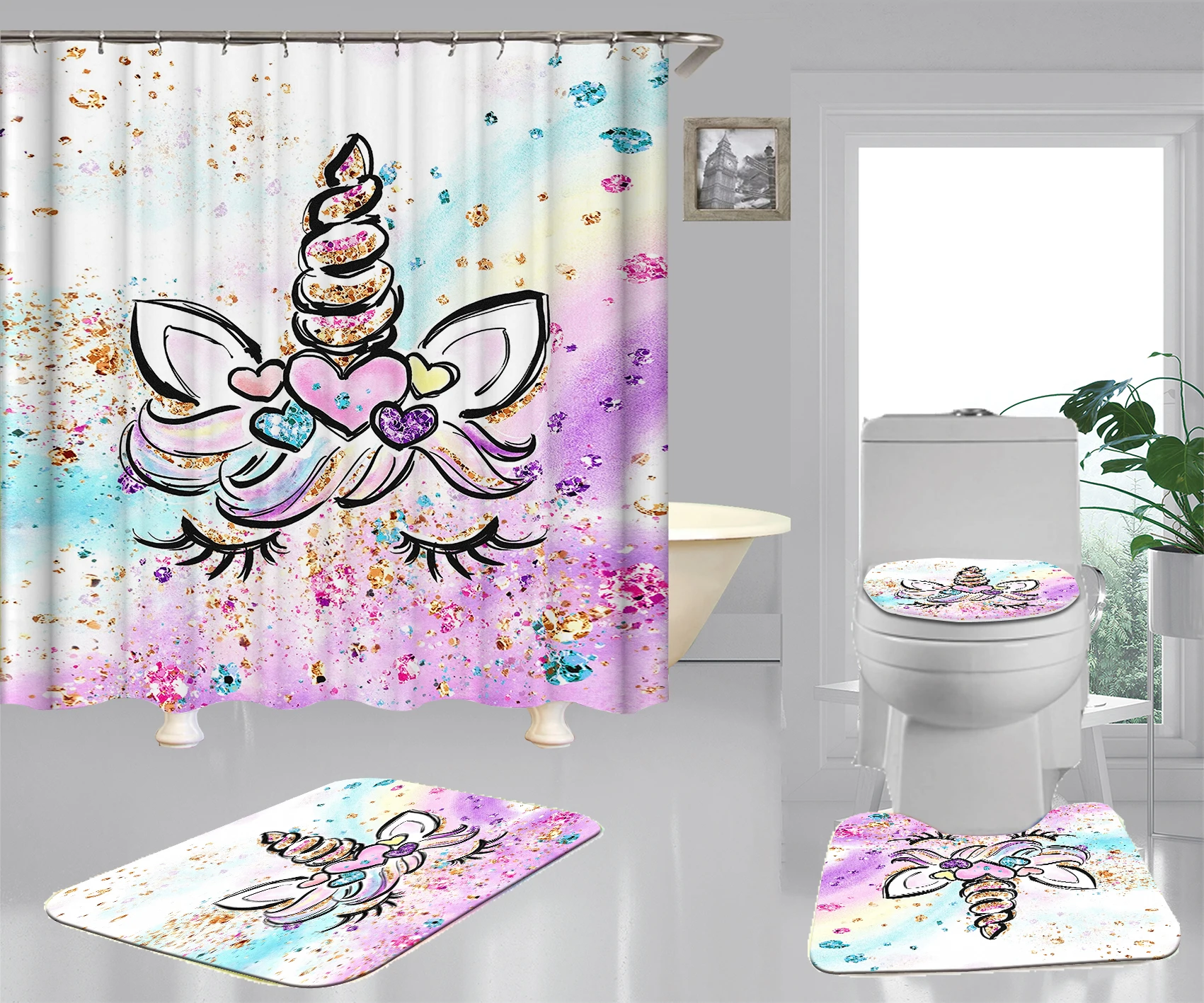 

Unicorn customize shower curtain sets 4 pieces bathroom curtains