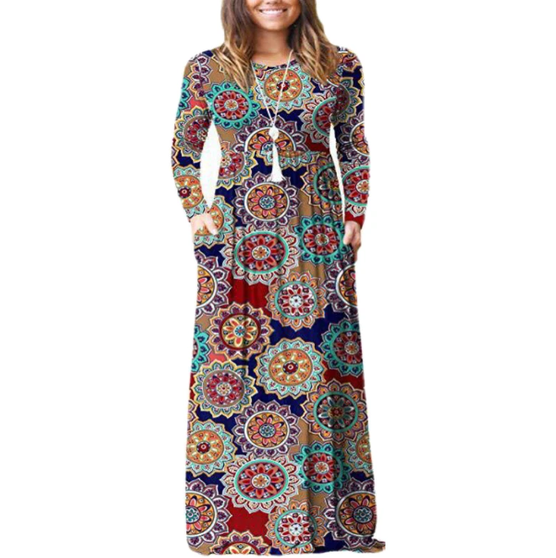 

Custom Wholesale Bohemia Print Long-sleeved Round neck High Waist Dress