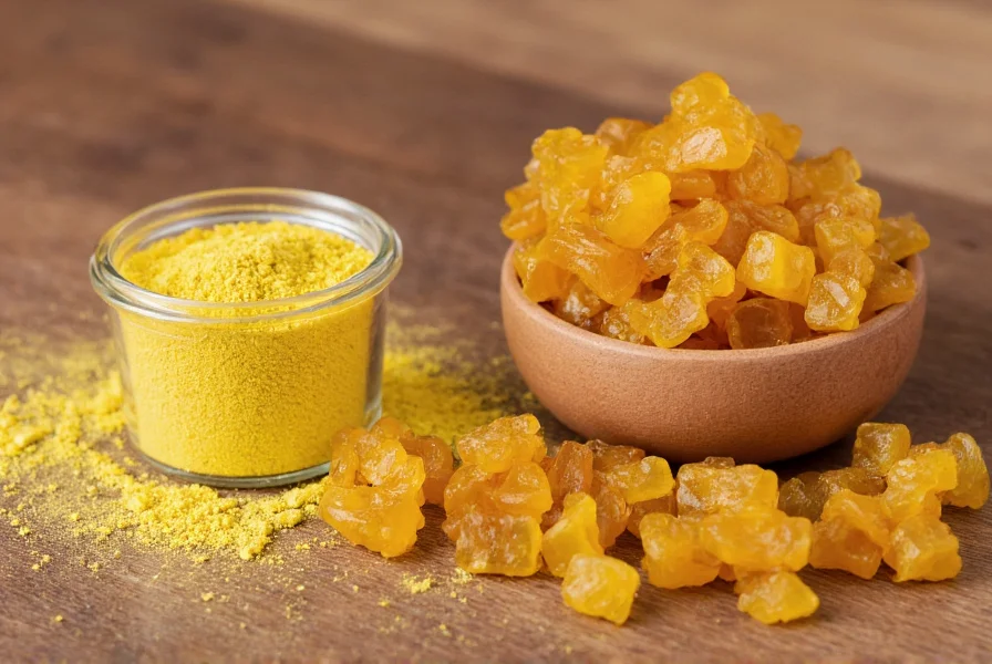 Close-up photograph of asafoetida hing powder in a small glass jar next to whole resin chunks showing texture difference
