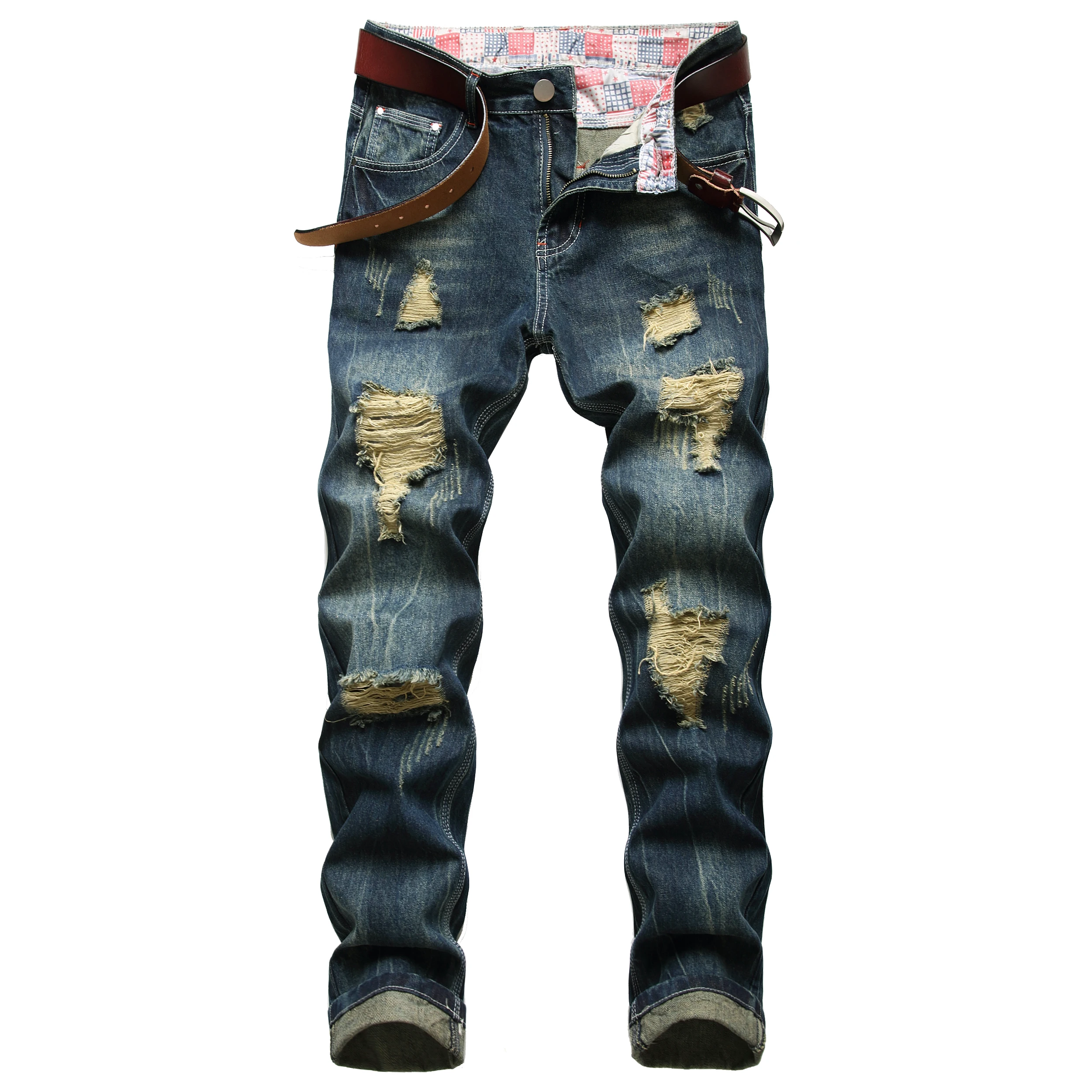 

Manufactory Direct Straight Slim-fit Dark Blue Ripped Jeans For Men