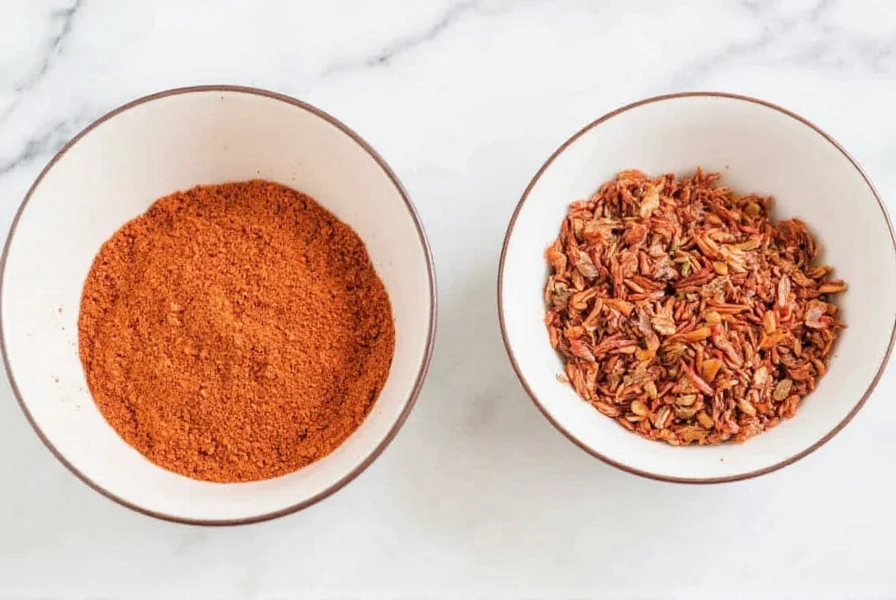 Two small bowls side by side showing red pepper flakes and chili flakes for visual comparison