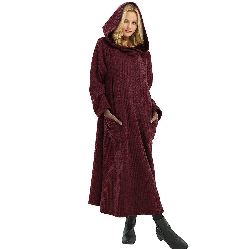 

New autumn winter cross border Morocco twist knitting hooded loose large dress, Customers' requirements