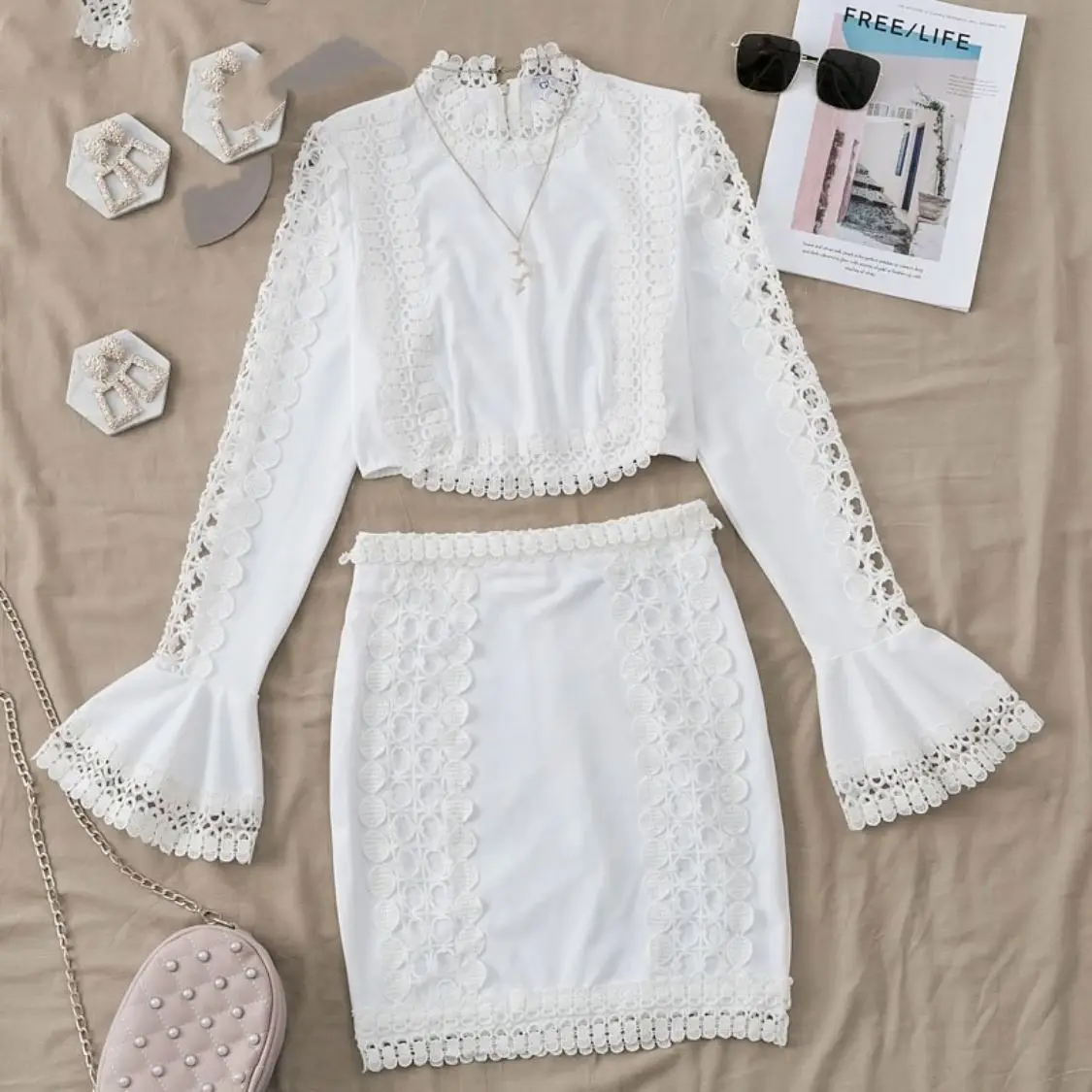 

Hollow Out Lace Patchwork Flare Skinny Women Two Pieces Elegant Dress Summer Bodycon Casual Dress, White