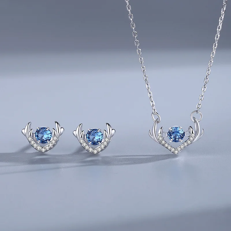 

Korean Jewellery 925 Silver Deer Antlers Jewelry Set Blue Cubic Zirconia Studs Earrings and Women Necklaces
