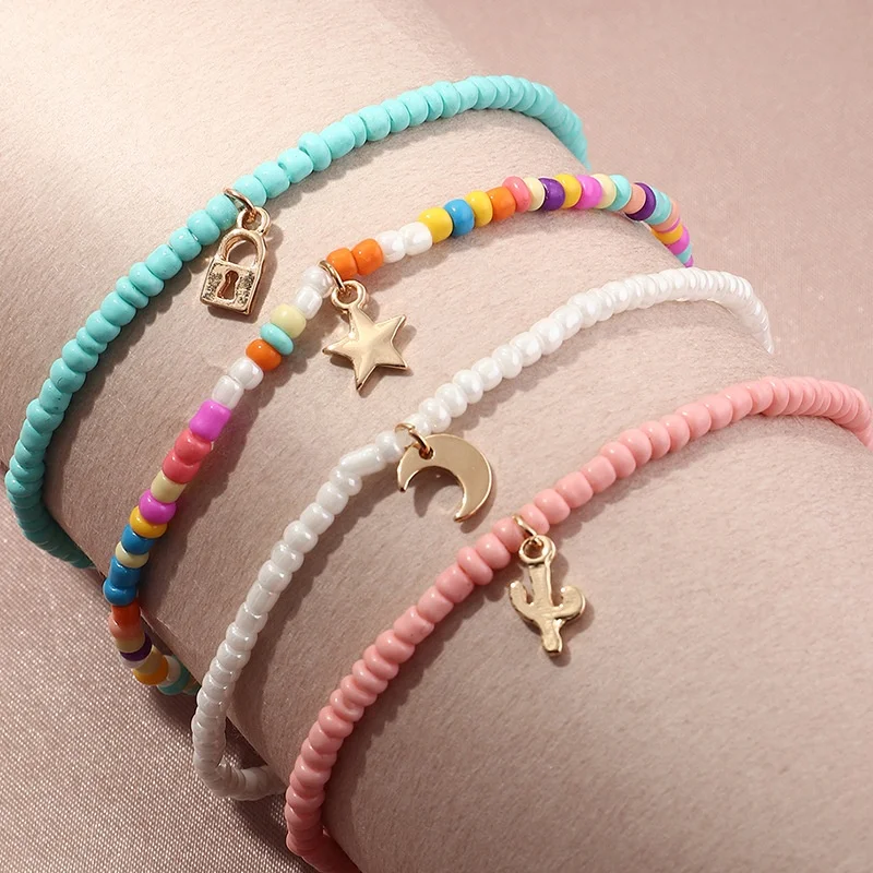 

New Trendy Jewelry Sets Girls Women Beach Cute 4Pcs Star Moon Charm Anklets Sweet Colorful Seed Beads Bracelets Anklet Set