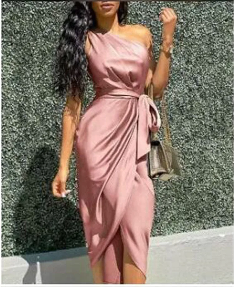 

New Boutique Hot Sales Oblique Shoulder Solid Color Irregular Strap Dress With Belt Dress For Women Clothes Long Dress