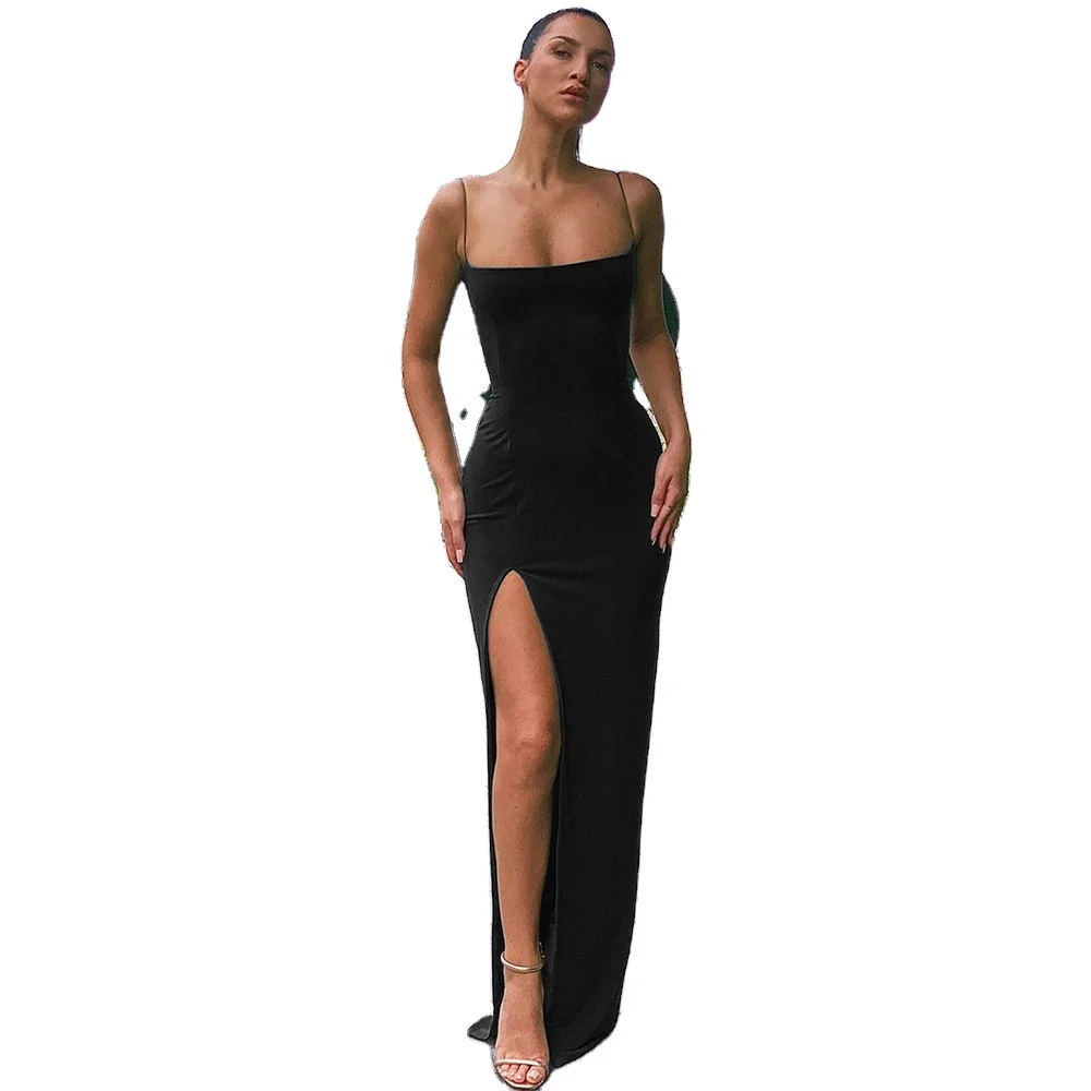 

D1735259 Solid Color Spaghetti Strap Party Dress High Split Sexy Lady Ankle Length Women Dress