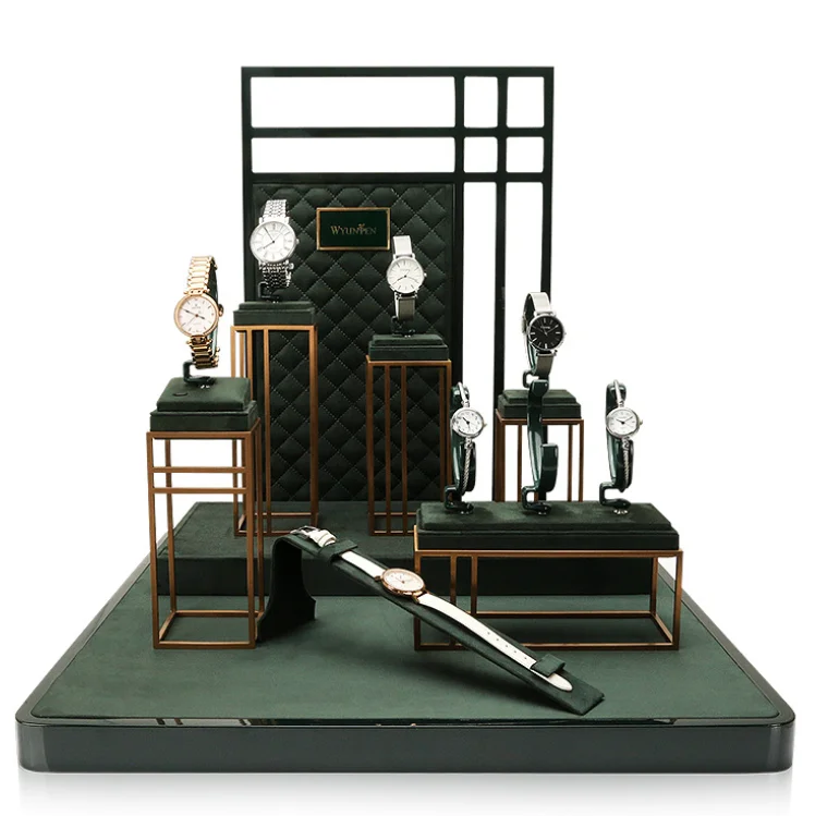 

Suede Leather Luxury Metal Frame Necklace Ring Earrings Holder Green Jewelry Watch Display Stand Rack Set, Customized color