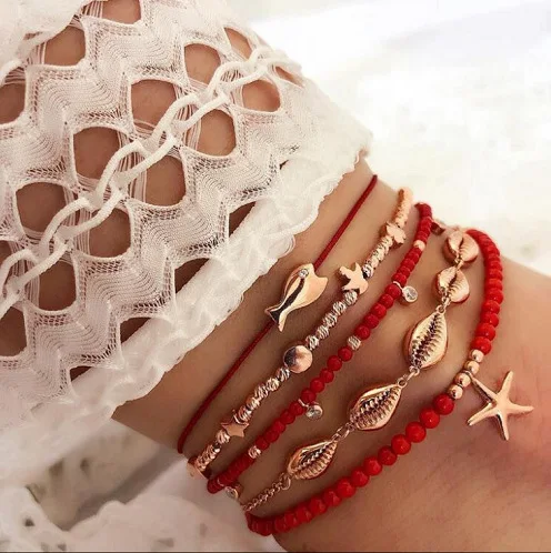 

Latest Summer Ocean Style Foot Jewelry Gold Plating Starfish Shell Charm Anklet Multilayer Bohemian Seed Bead Anklet Set For Hol