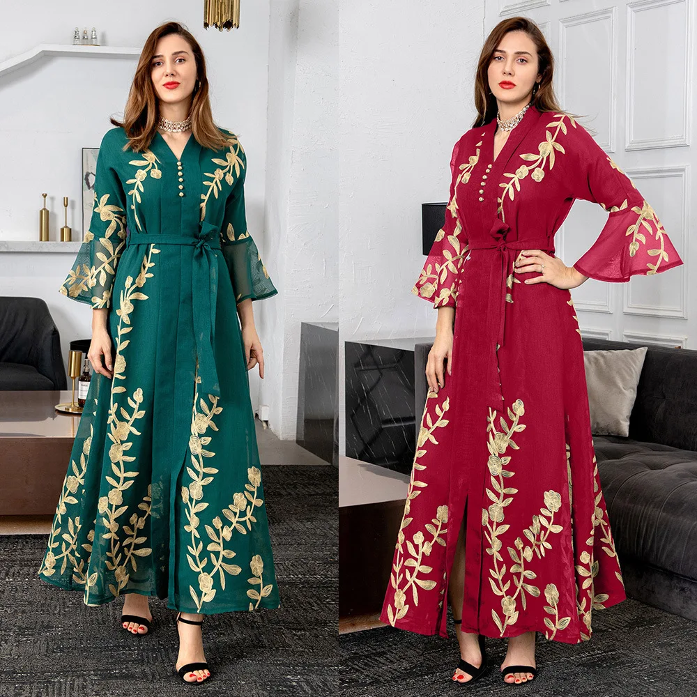 

Elegant muslin girls long sleeve midi abaya dresses Islamic Eid, Red & green