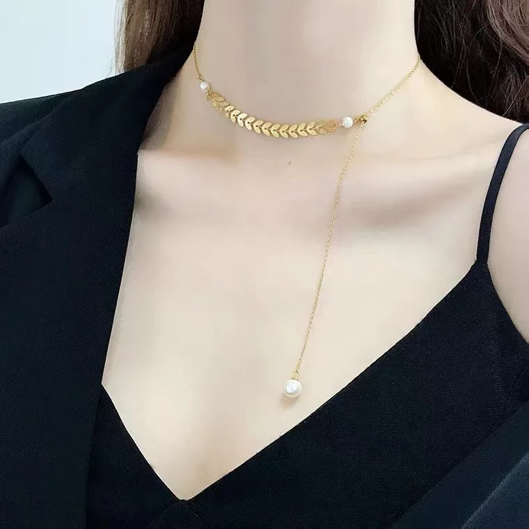 

Certified 18K Golden Wheat Pearl Necklace Au750 Colored Gold Fairy Temperamental All-Match Choker Shell Gold Wholesale