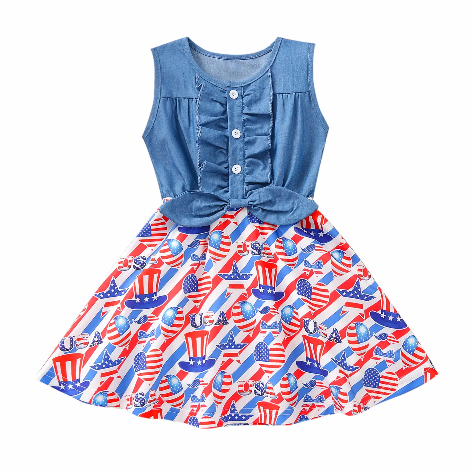 

Independence Day Stitched Sleeveless Denim Wooden Ear Edge Girls' Dress 4th of July, Blue