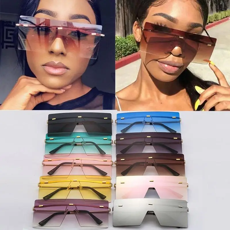 

Wholesale Oversized One Piece Shield Sunglasses For Women New Brand Gradient Rimless Square Alloy Sun Glasses Pink Brown In Bulk