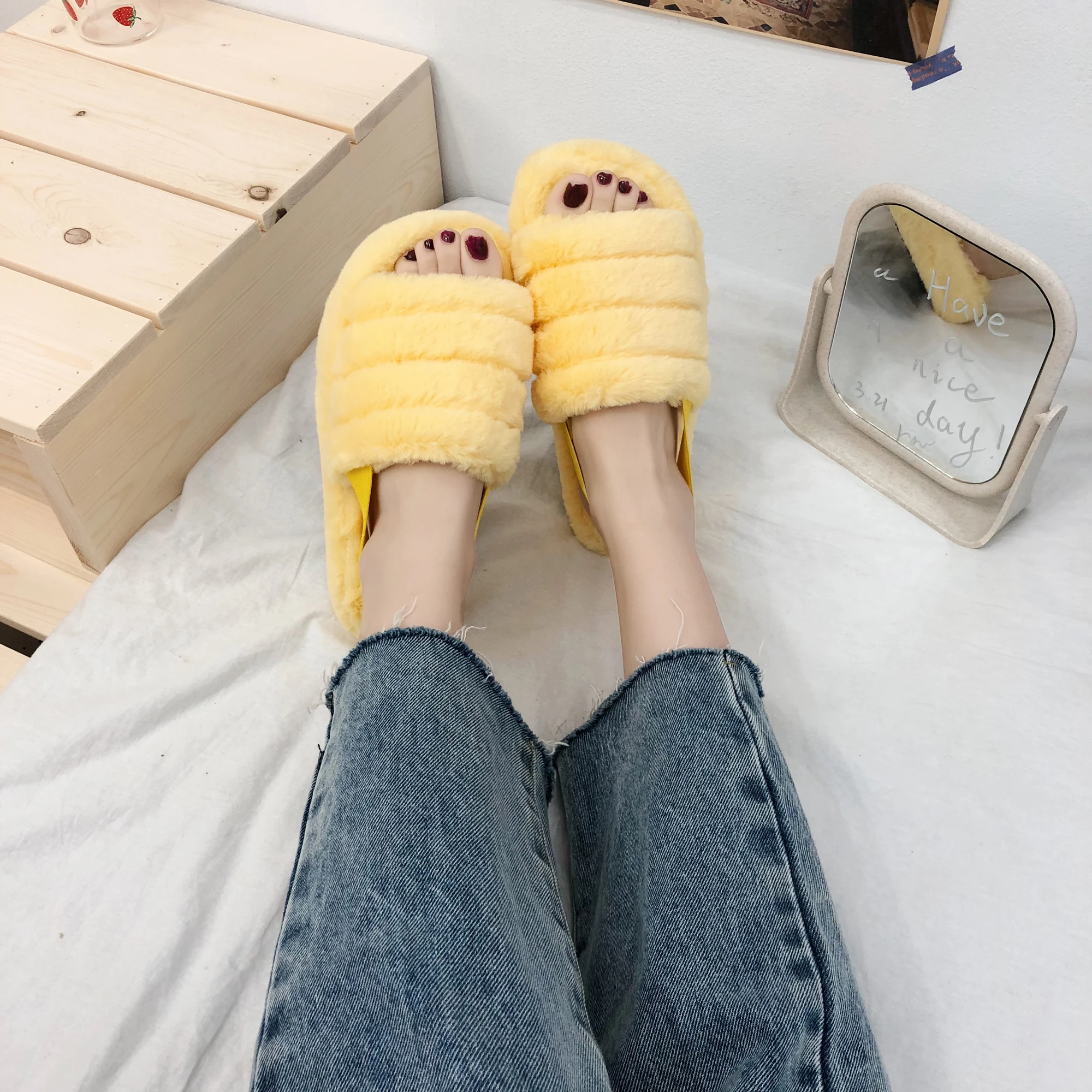 

Women sandals fashion Slippers For Women Big Furry Lady shoes outdoor faux rex rabbit fur slippers, As picture