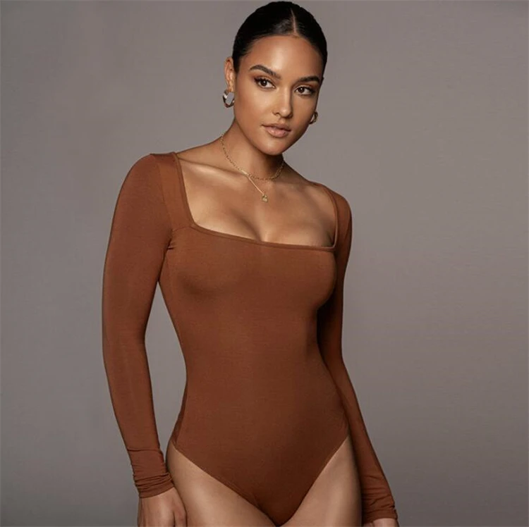 

Bodycon Romper Jumpsuit Long Sleeve Fall Clothing Women Body Suit Tops Brown Workout Spandex Lingerie Bodysuits For Women, As show / custom colors