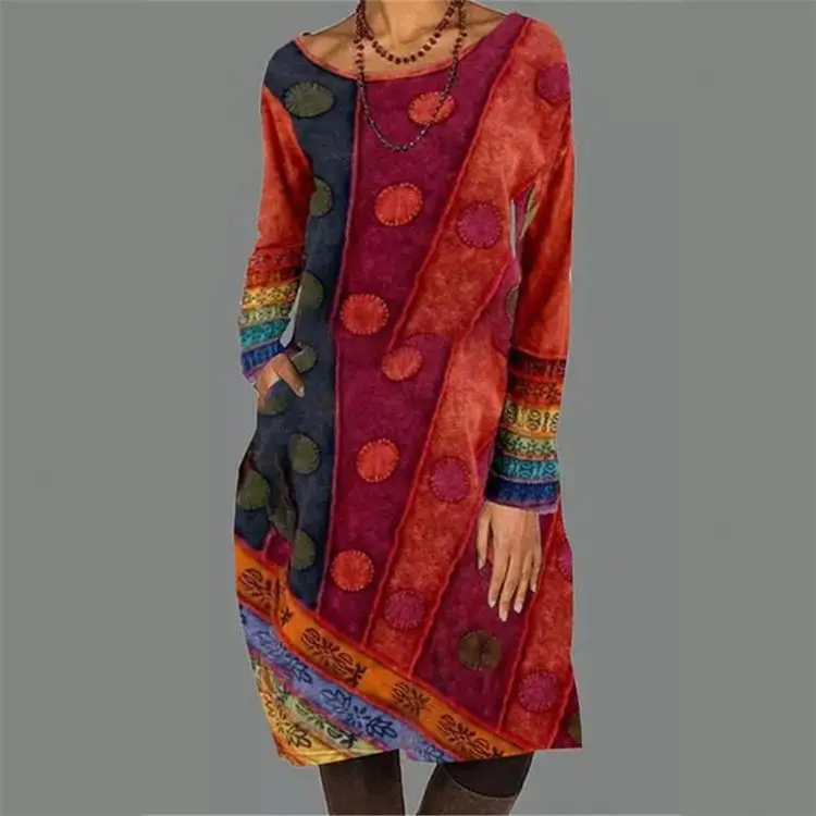 

New Arrival 2021 Plus Size Women Clothing Retro Woman Casual Dress Folk Style Long Sleeve Ladies Dresses Women Casual