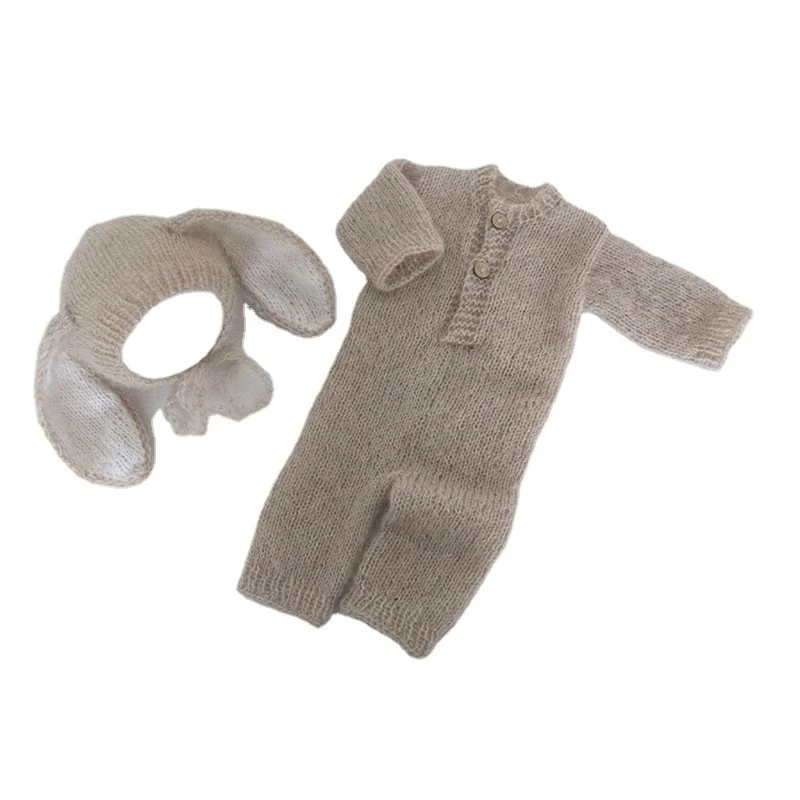 

Crochet Rabbit Bonnet Baby Knit Mohair Hat Romper Set Photography Props Beige Newborn Outfit For Photo Prop
