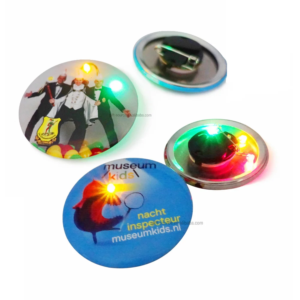 

2020 OEM Design LED Badge Printed Tin Button Flashing Display Badges 58mm, Pantone color