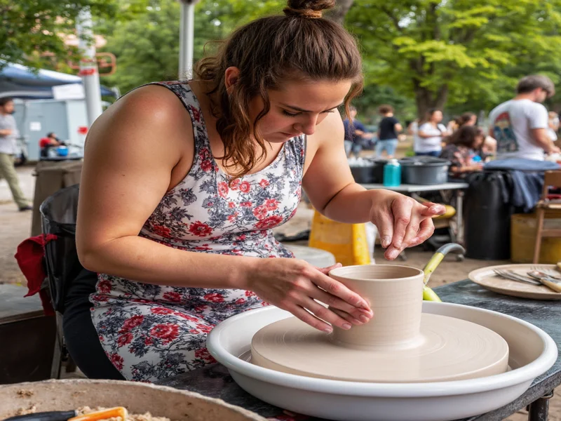 Artisan demonstrating pottery wheel technique at outdoor craft fair