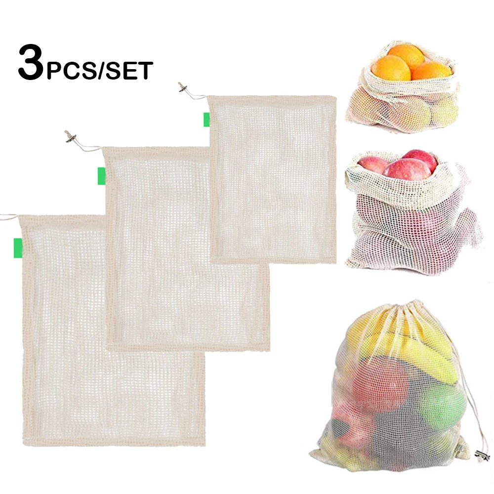 

3pcs per Set Eco Friendly Mesh Grocery Bag Drawstring Reusable Organic Cotton Mesh Bag for Potato Fruit Vegetable