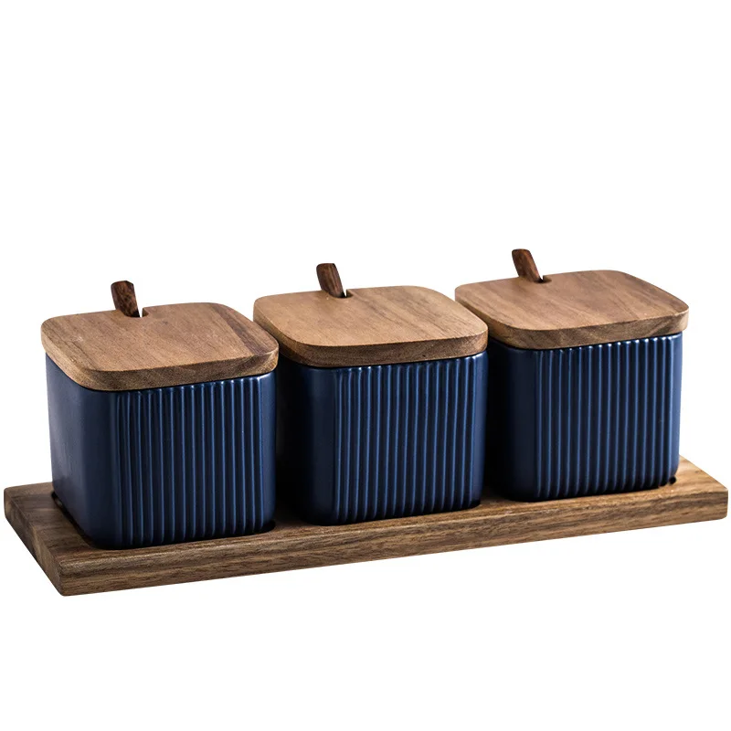 

Nordic Style Matte Ceramic Kitchen Seasoning Container Spice Jar Set Oil Salt Cans Household Seasoning Box With Wooden Tray, Navy blue,white,black