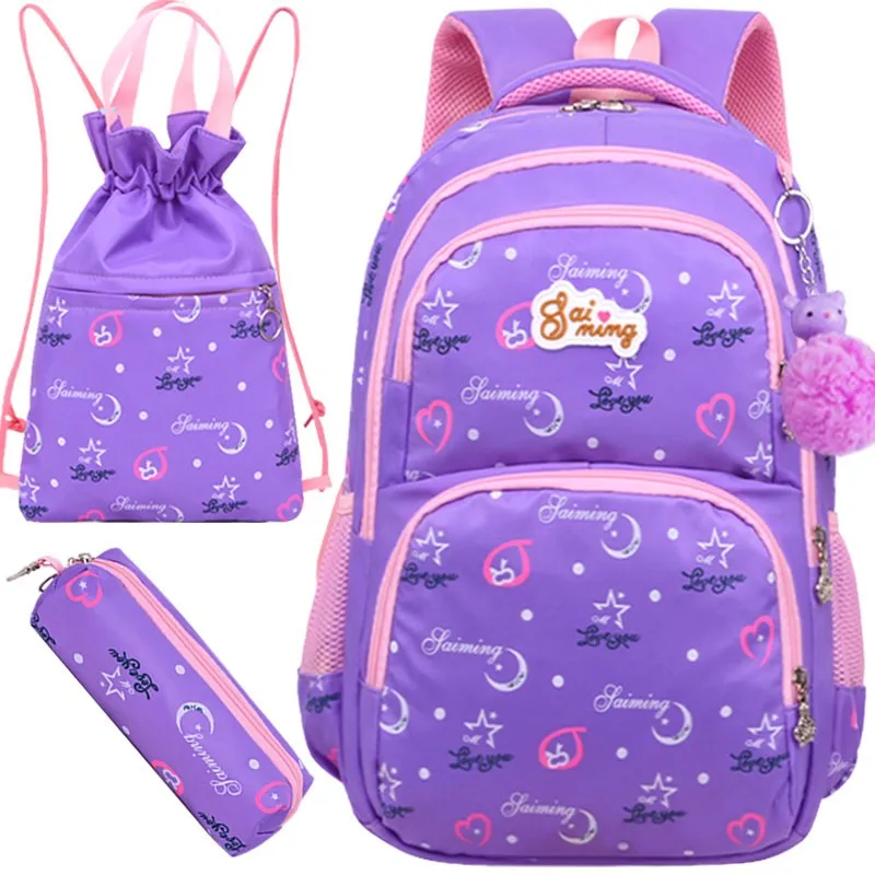 

Factory Nylon Children's School Bag Girl Wave Point Student Backpack Set, Blue pink black purple