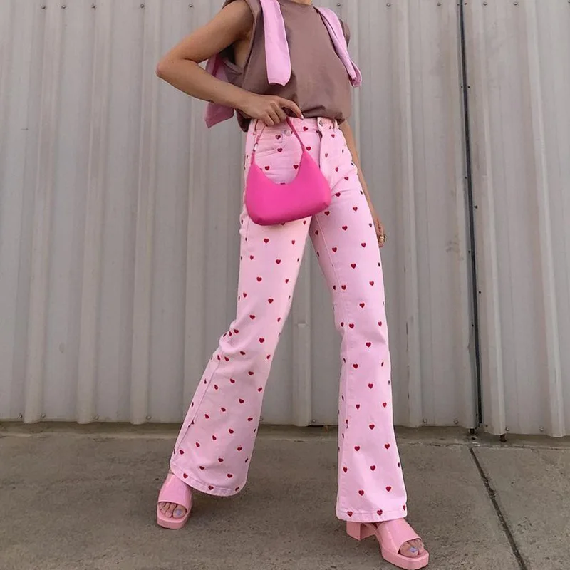 

Women Casual Wide Leg Pants Slim High Waist Retro Heart Printed Pants Fashion Pink Trousers