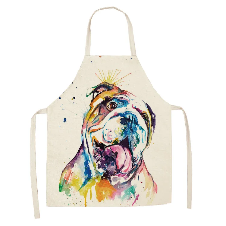 

3d Colorful Dog Print Kitchen Apron Cute Sleeveless Cotton Linen Aprons For Men Women Home Cleaning Tools