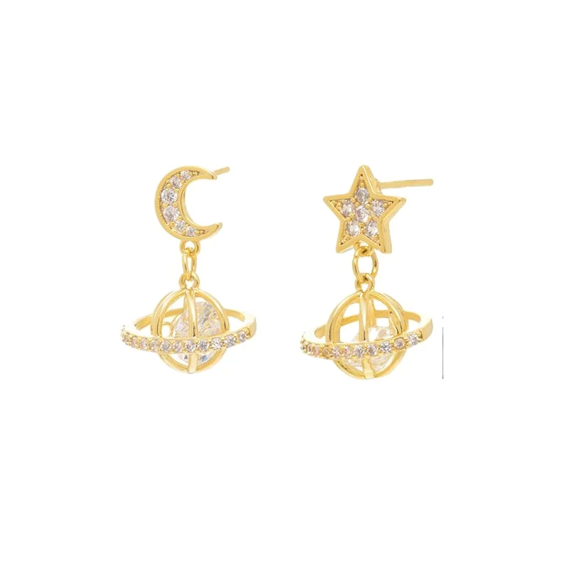 ED61373 Korean fashion gold plated women jewelry diamond planet drop star moon asymmetric stud earrings