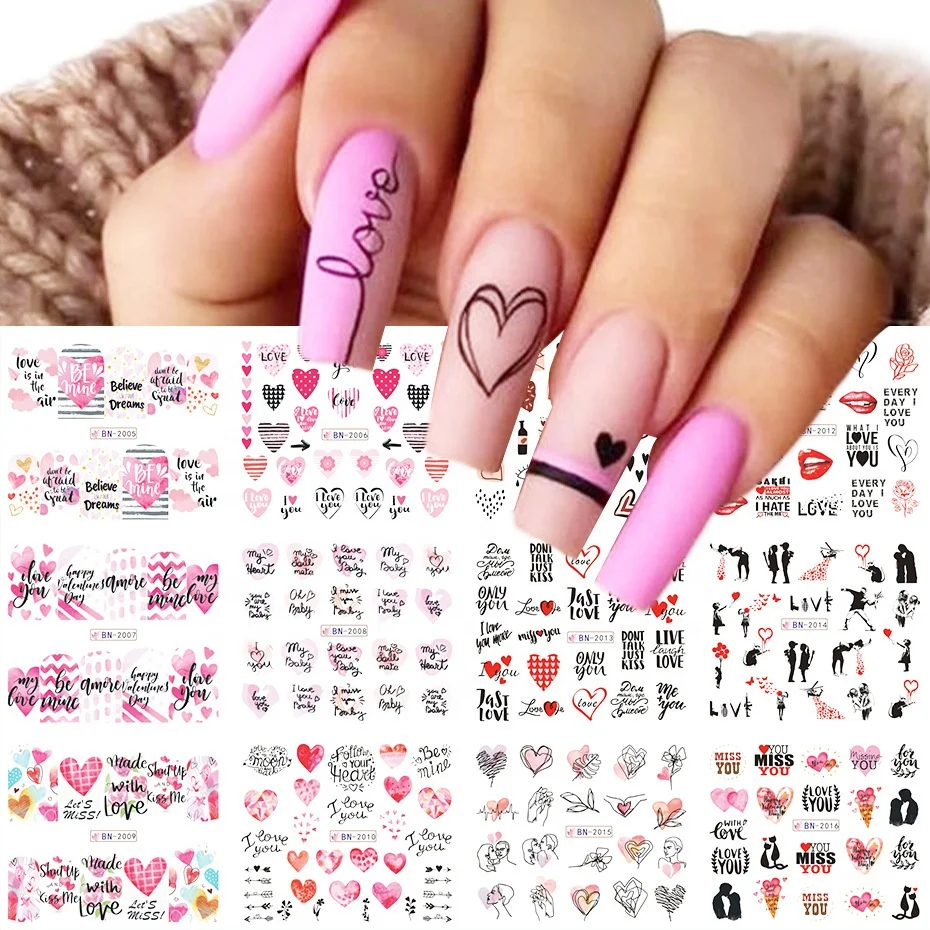 

Tik Tok Valentine's Day Hot Custom Logo Pink love heart Nail Sticker Decals Transfer Foil Nail Art Stickers, As shown