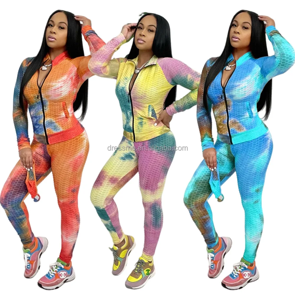 

MT371-050 2021 autumn and winter tie-dye printing long-sleeved trousers women's casual sports shirt suit 2 piece set women