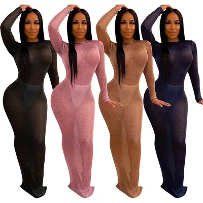 

2021 New Arrivals Bright Sexy Hollow Out Back Long Sleeve See Through Nightclub Style Dress For Women Clothing, As picture