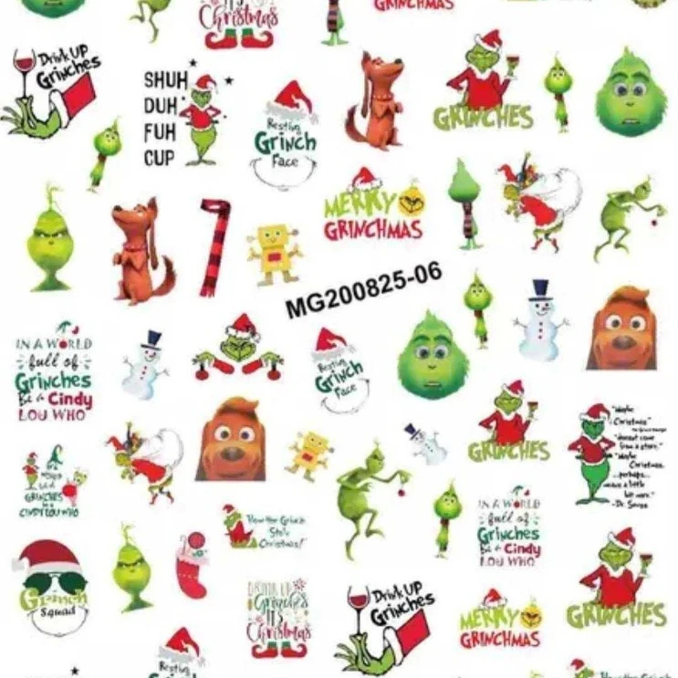 

Hot selling MG Grinch christmas nail art stickers MG milk cow nail sticker
