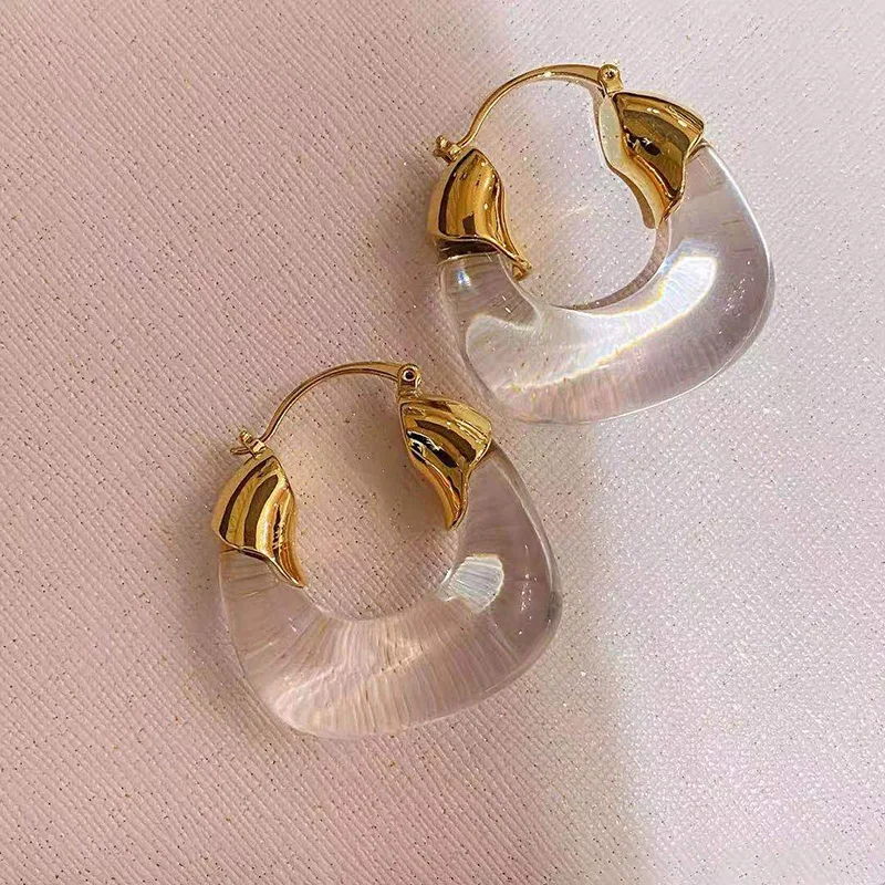 

Barlaycs 2021 Korean Fashion Designer Earrings Popular Brands 4 Colors Gold Plated Acrylic Resin Hoop Earrings, Color