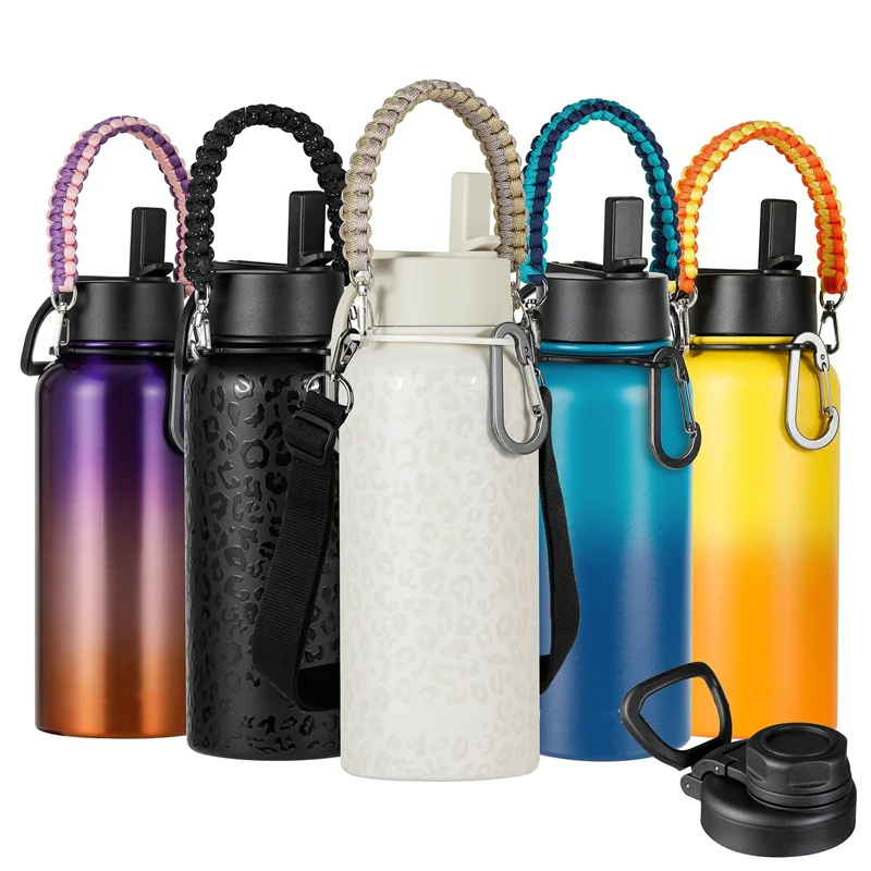 

32 oz Stainless Steel Insulated Water Bottle with Straw Thermal deportes Style with Handles Strap 3 Lids Metal Water Bottle