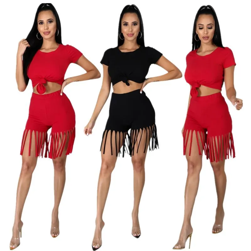 

2021 New Arrivals Fashion Women Casual O-Neck Short Sleeve Crop Tassel Short Pants 2 Pieces Set Biker Set Tracksuit, Picture show