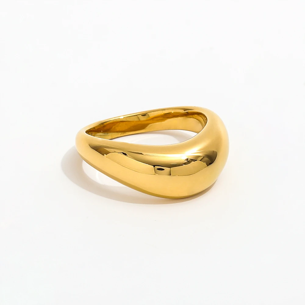 High End 18K Plain Gold Shiny Irregular Cambered Surface Rings Stainless Steel Trendy Simple Gold Plated Jewelry