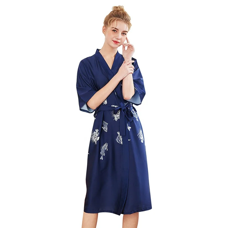 

Imitated silk satin women fish printed nightgown half sleeve summer sleepwear for ladies casual silk pyjamas robe, Red navy