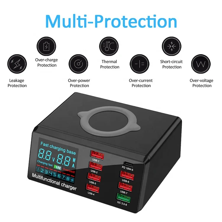 

100W 8-Port USB Smart Fast Muti function Charger Charging Station Quick Charge 3.0 USB Type C Port With LED Display for phone, Black