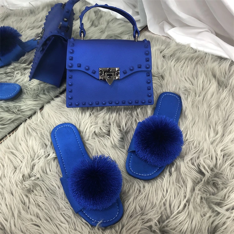 

European And American Blue Fur Slippers and Bag Set Large Size One-line Out Wear Female Shoes And Bag Set