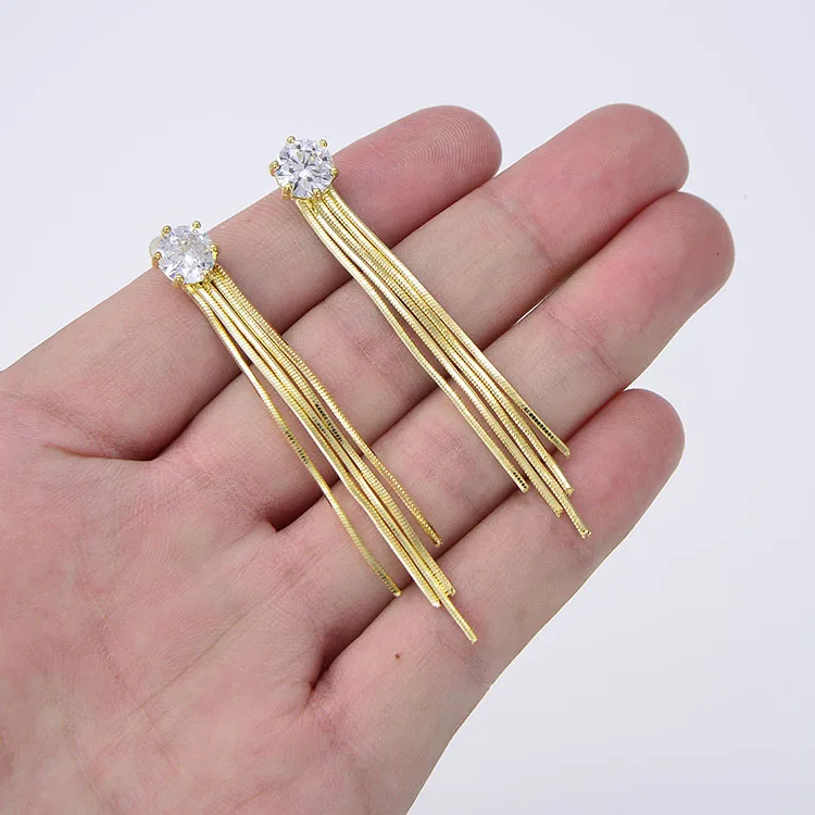 EM1114 High Quality Bohemia 18k cz paved tasssel earring 14k Gold Plated Brass Chain Fringe Tassel Earrings