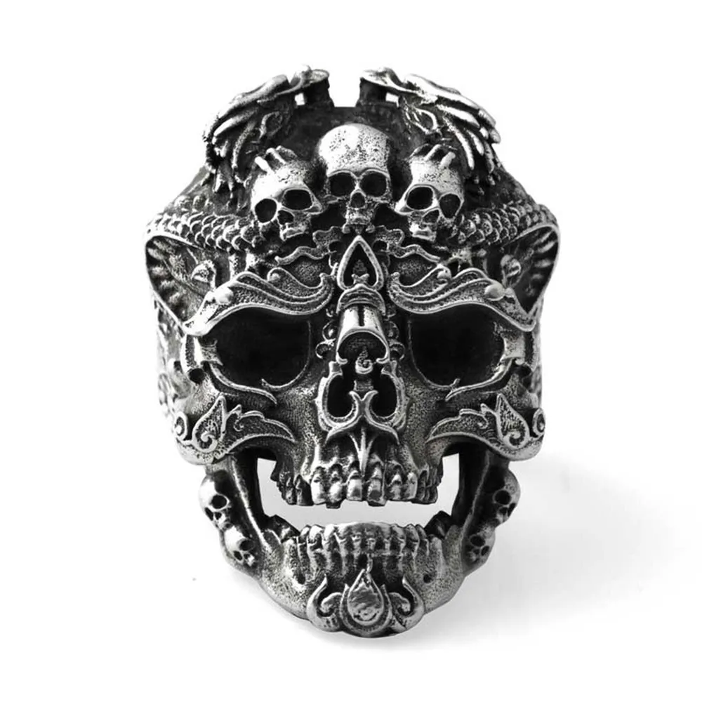 

Ruigang Retro Silver Plated Huge Heavy Punk Gothic Band Predator Head Warrior Skull Ring For Men