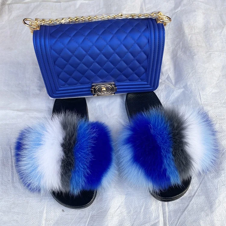 

Custom Dropshiping Soft Flat Fur Slipper With Purse Fur slides Matching Slippers Sets, Customized color